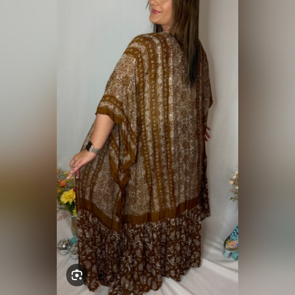 Bohemian Brown Tapestry Flowy Open Kimono Or Swimsuit/Beach Cover up One Size - Picture 3 of 6